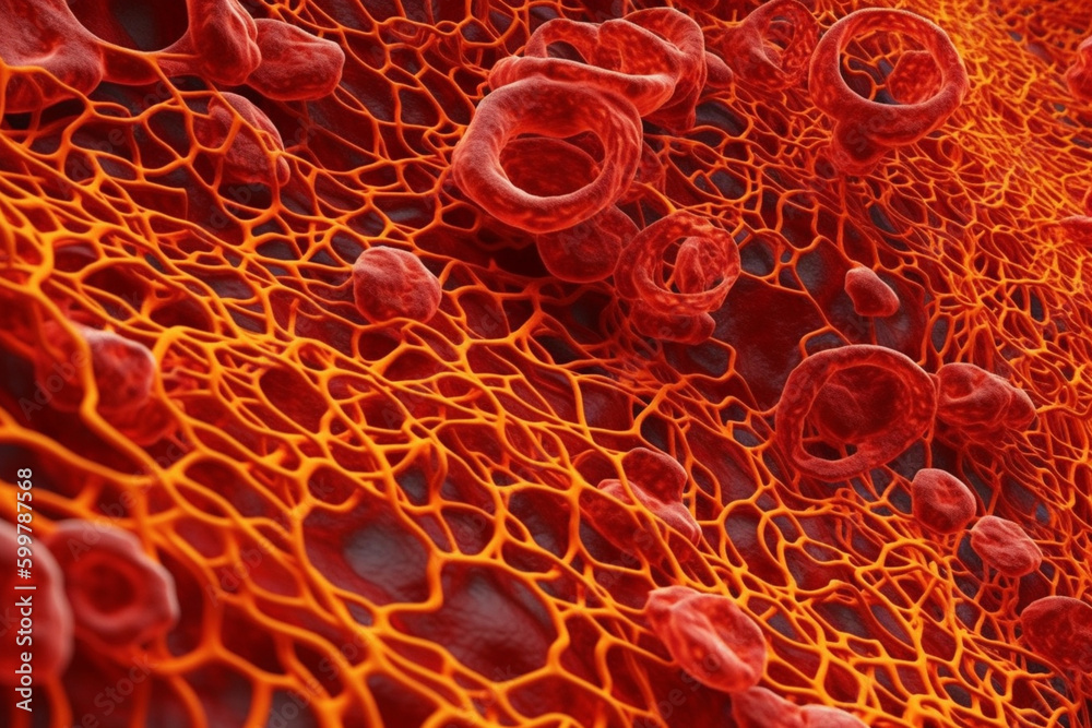 Poster A microscopic view of a blood clot, with platelets and fibrin fibers intertwined.  Generative AI technology..