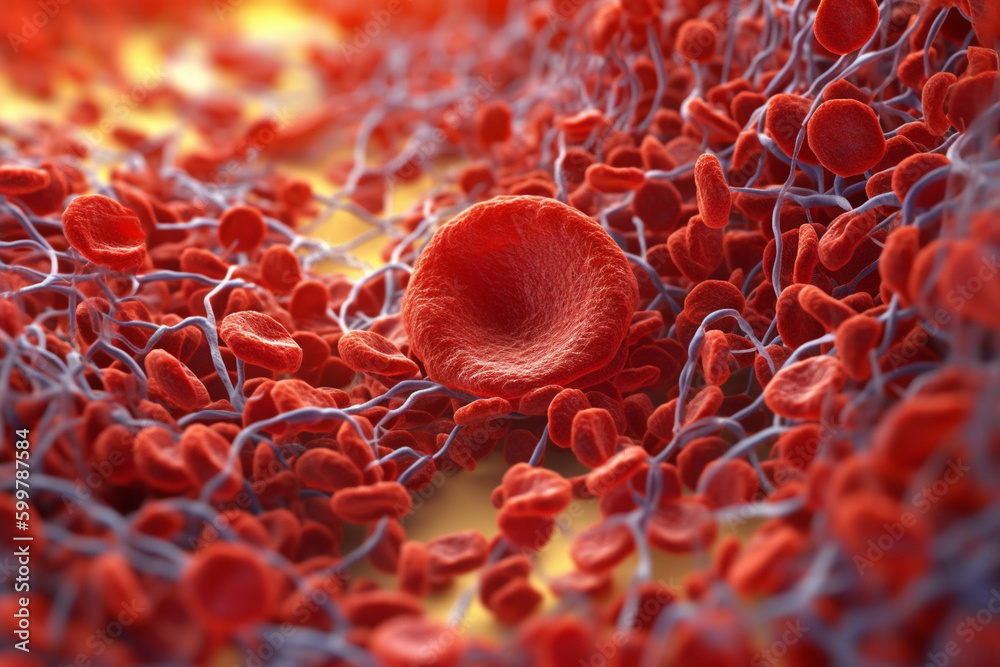 Poster A microscopic view of a blood clot, with platelets and fibrin fibers intertwined.  Generative AI technology..