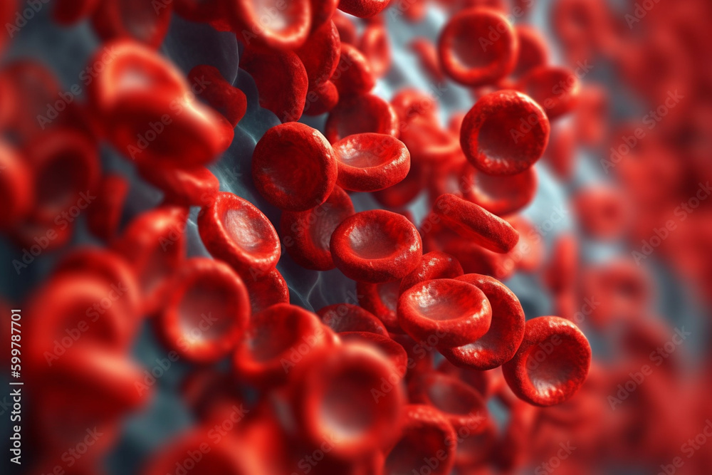 Poster A 3D rendering of a blood vessel with blood cells flowing in one direction.  Generative AI technology..