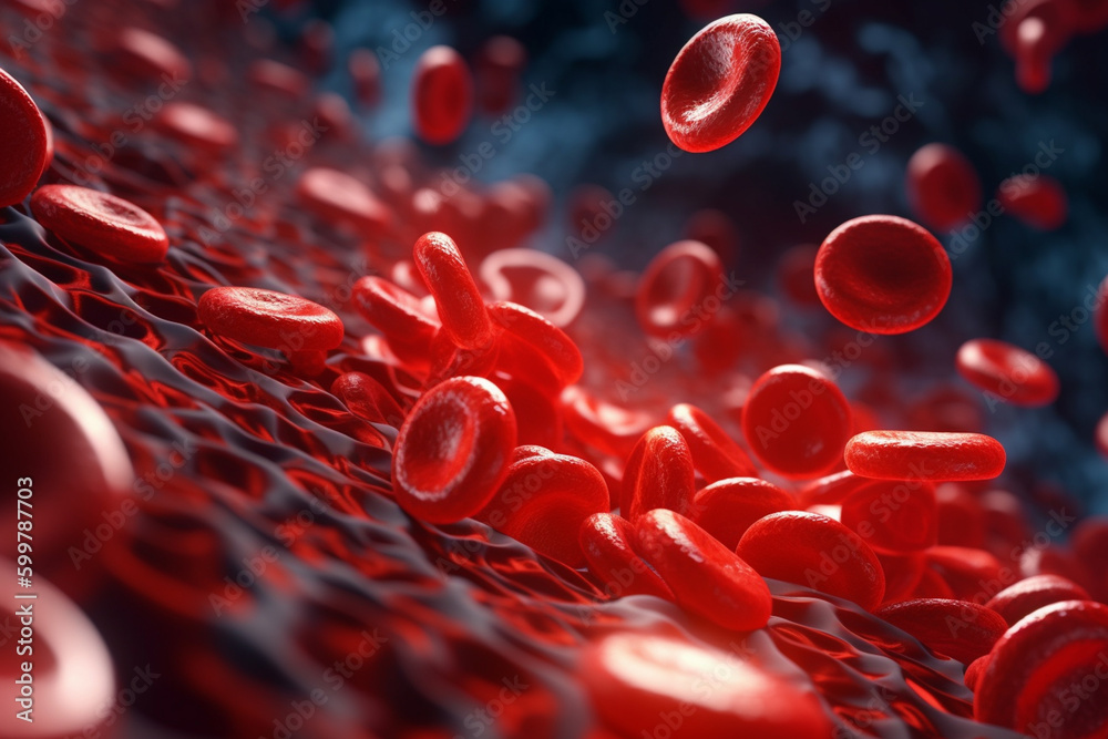 Poster A 3D rendering of a blood vessel with blood cells flowing in one direction.  Generative AI technology..