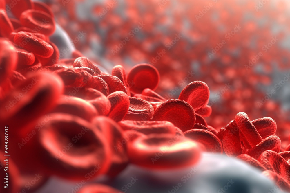 Poster a 3d rendering of a blood vessel with blood cells flowing in one direction. generative ai technology