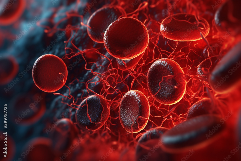 Poster a 3d rendering of a blood vessel with blood cells flowing in one direction. generative ai technology