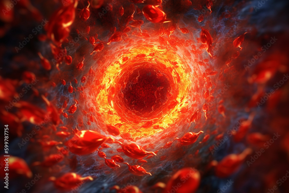 Poster an artistic interpretation of blood cells and plasma forming a mesmerizing spiral. generative ai tec