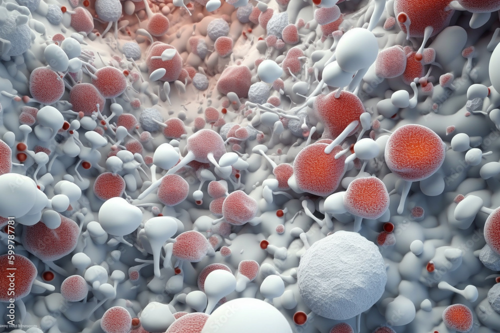 Poster A magnified view of white blood cells, showing their various shapes and sizes.  Generative AI technology..