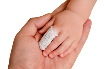 Large hand of father man and small hand of baby with bandaged finger, isolated on a white background. Injured index finger of a child wrapped in a white bandage, closeup