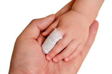 Large hand of father man and small hand of baby with bandaged finger, isolated on a white background. Injured index finger of a child wrapped in a white bandage, closeup