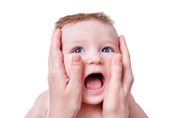 Mother hands are smearing cream on a happy infant baby, isolated on a white background. Mom massages a smiling toddler kid on a sofa, six to seven months old