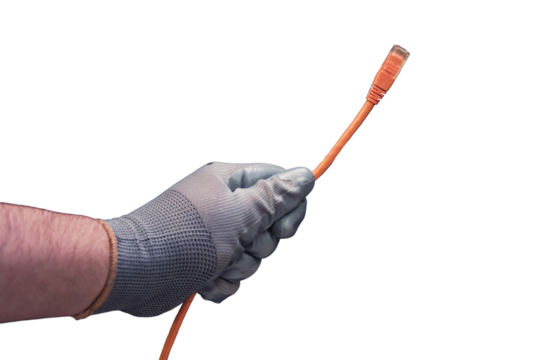 Network wires in the hands of a man, isolated on the white background - Powered by Adobe