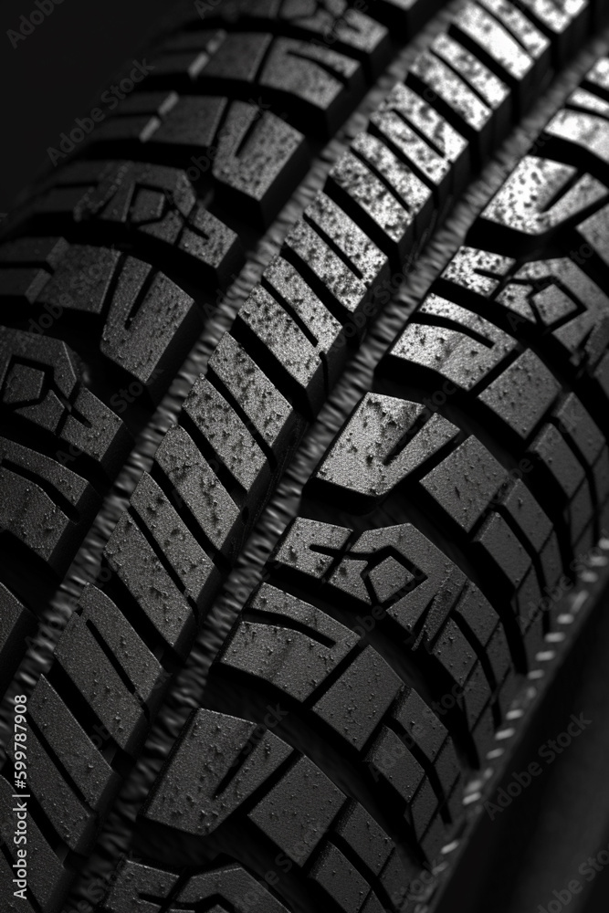 Poster an extreme close-up of a tire tread pattern on a mountain bike tire. generative ai technology..