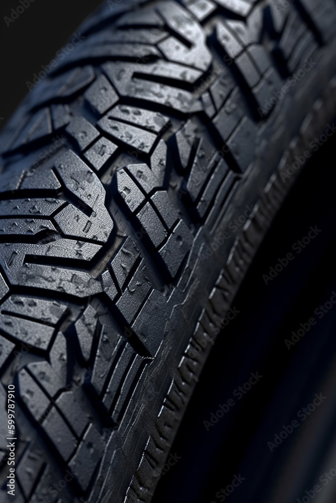 Poster an extreme close-up of a tire tread pattern on a mountain bike tire. generative ai technology..