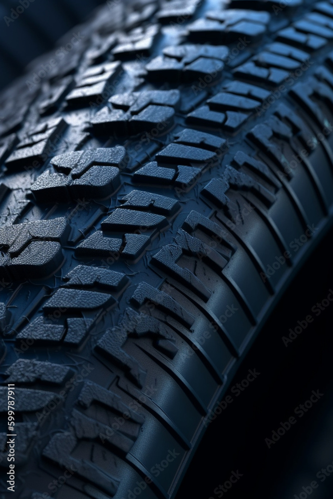 Poster an extreme close-up of a tire tread pattern on a mountain bike tire. generative ai technology..