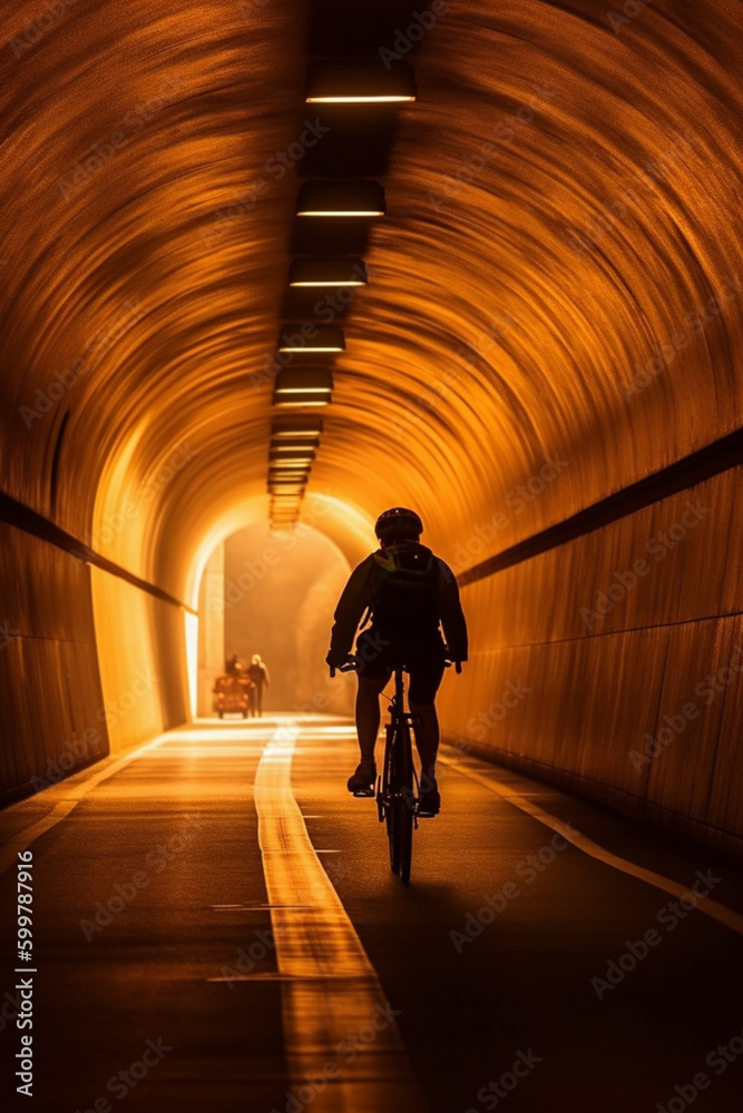 Poster A creative shot of a cyclist riding through a tunnel or underpass, with interesting lighting and shadows.  Generative AI technology..