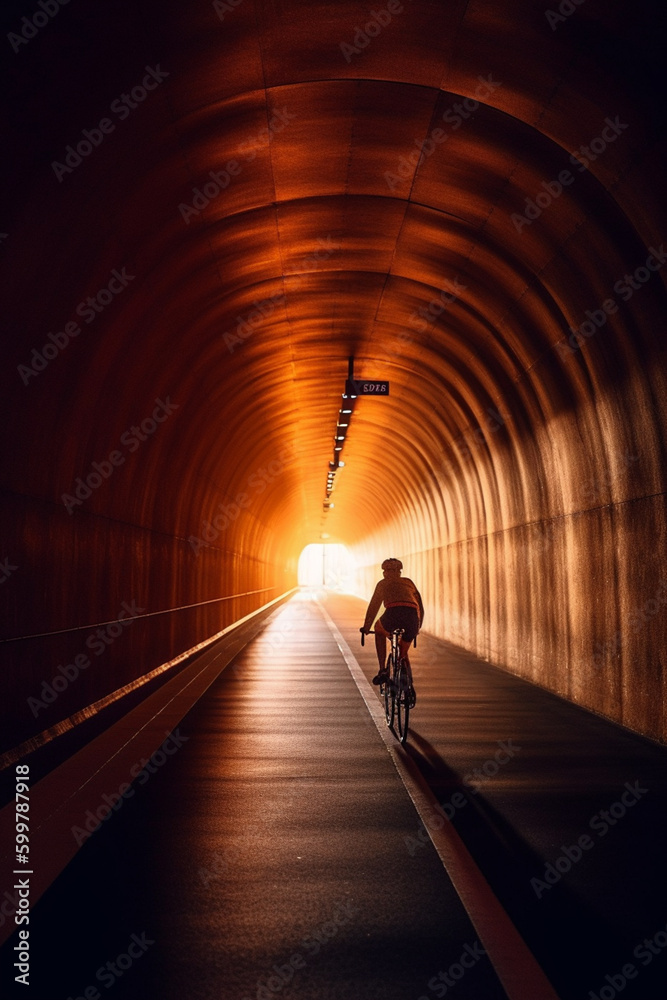 Poster a creative shot of a cyclist riding through a tunnel or underpass, with interesting lighting and sha