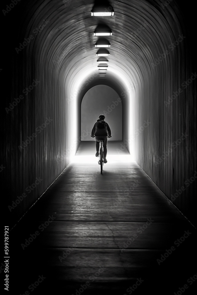 Poster a creative shot of a cyclist riding through a tunnel or underpass, with interesting lighting and sha