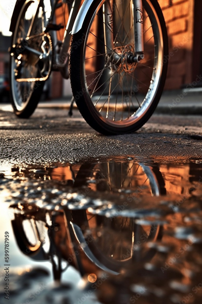 Poster an artistic shot of a bike's reflection in a puddle or other reflective surface. generative ai techn