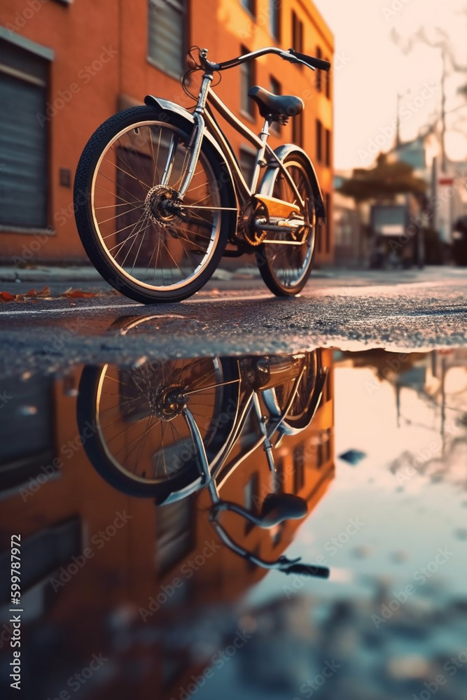Poster an artistic shot of a bike's reflection in a puddle or other reflective surface. generative ai techn