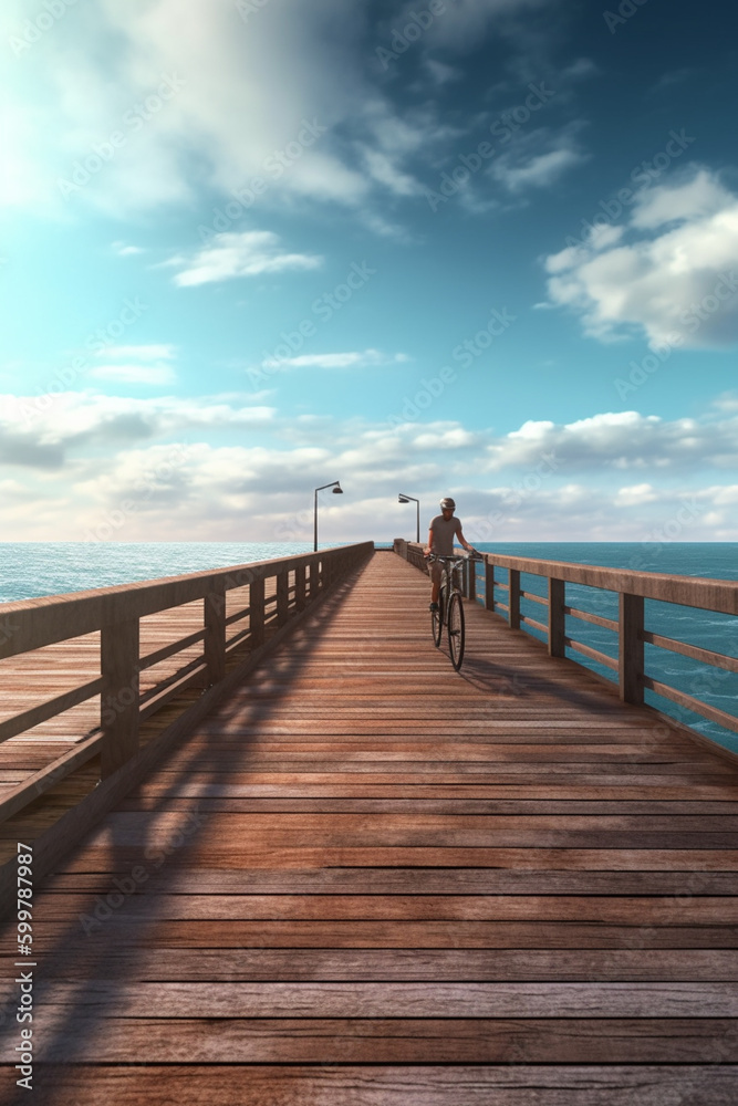 Poster a creative shot of a cyclist riding on a boardwalk or pier, with the ocean in the background. genera