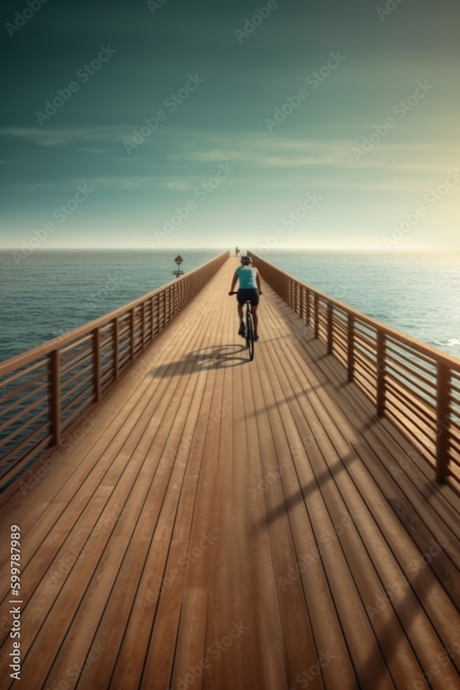 Poster a creative shot of a cyclist riding on a boardwalk or pier, with the ocean in the background. genera