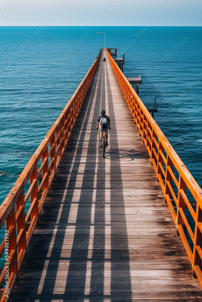 Poster a creative shot of a cyclist riding on a boardwalk or pier, with the ocean in the background. genera