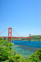 春の平戸島から見た平戸大橋　長崎県平戸市　Hirado Bridge seen from Hirado Island in spring. Nagasaki Pref, Hirado city.