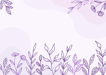 Beautiful Purple floral background with hand drawn leaves and flower border on pastel flat color for wedding invitation or engagement or greeting card