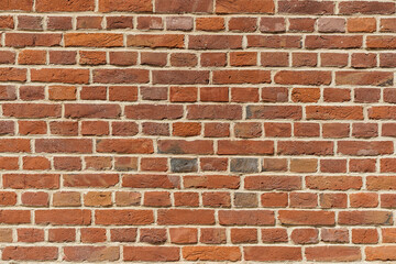 Brick wall. Brickwork from an old brick in a rustic style. Structure and pattern of the destroyed stone wall. Copy space