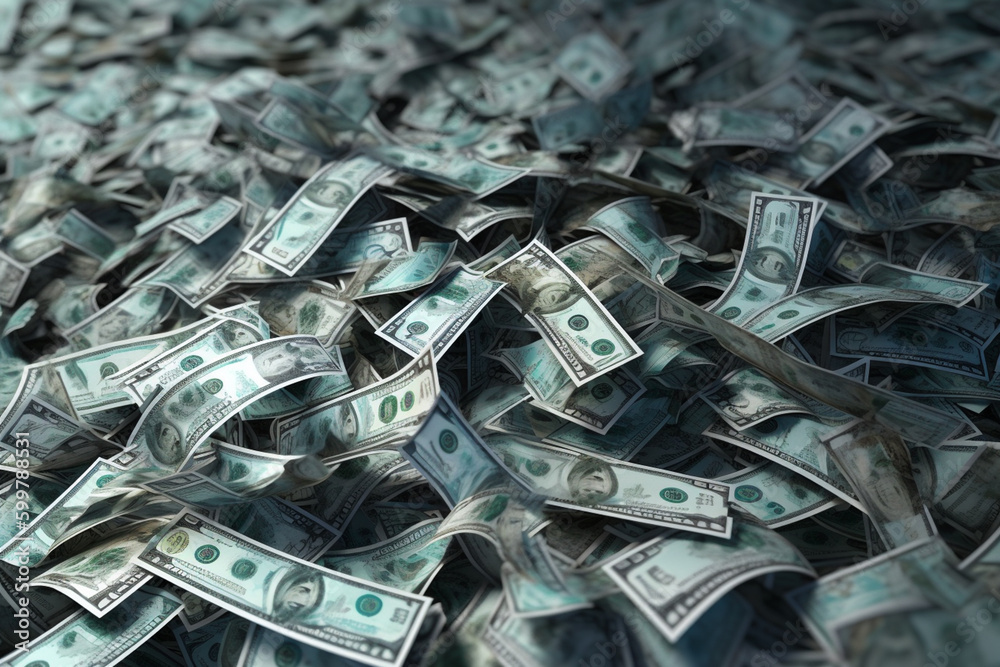 Poster a background of scattered one dollar bills, with a focus on a few crumpled bills in the foreground. 