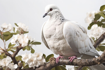 White dove in tree with white flowers. Generative AI illustration