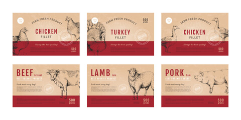 Meat package. Chicken and turkey, beef lamb and pork label, farm food design. Craft butcher icon, card layout or sticker. Packaging design with text and animal sketch illustration. Vector set