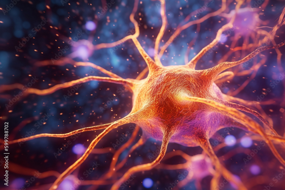 Leinwandbilder A close-up image of a neuron with branching dendrites and numerous synapses, emphasizing the importance of communication between brain cells.  Generative AI technology..