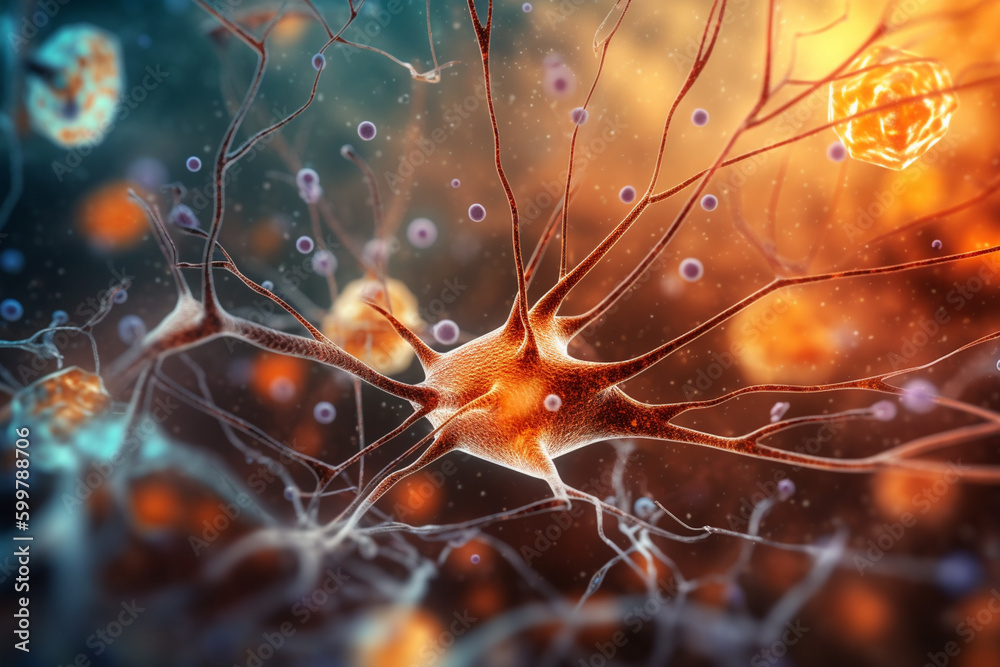 Leinwandbilder A close-up image of a neuron with branching dendrites and numerous synapses, emphasizing the importance of communication between brain cells.  Generative AI technology..