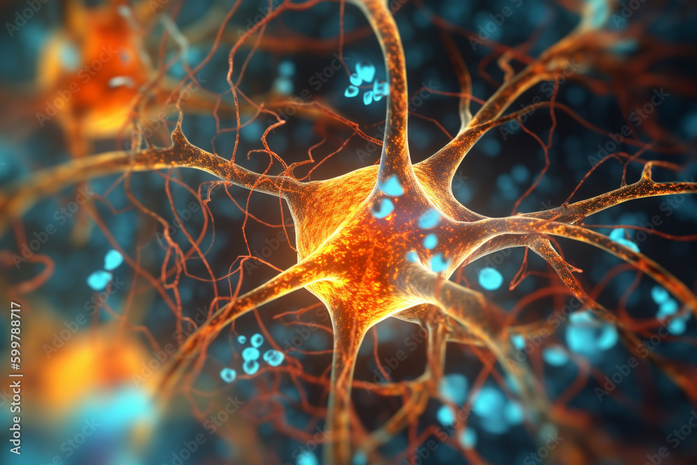 Leinwandbilder A close-up image of a neuron with branching dendrites and numerous synapses, emphasizing the importance of communication between brain cells.  Generative AI technology..