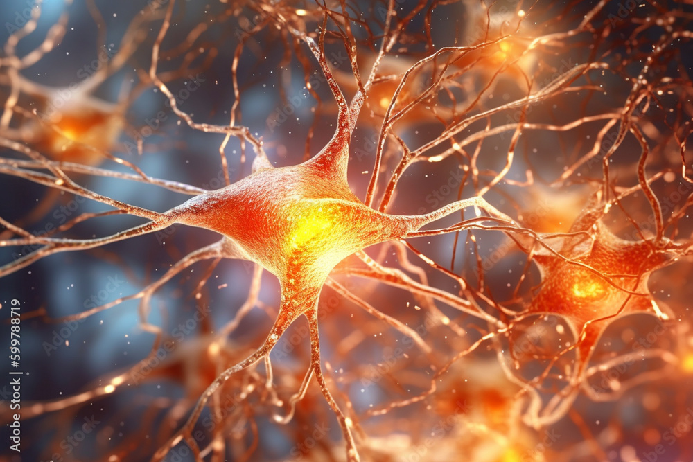 Aufkleber A close-up image of a neuron with branching dendrites and numerous synapses, emphasizing the importance of communication between brain cells.  Generative AI technology..