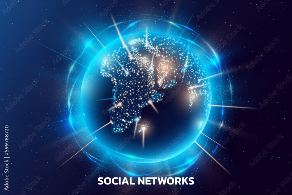 Poster world globe technology. 3d digital earth map. connect with space. global tech network. futuristic pl
