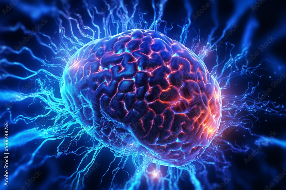 Aufkleber a digital illustration of a brain with glowing, electric blue synapses, conveying the idea of electr