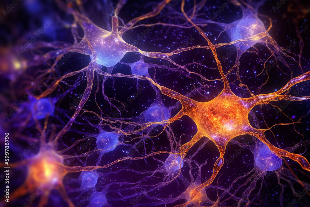Leinwandbilder A micrograph image of synapses in the brain, showing the tiny gaps between neurons where neurotransmitters are released.  Generative AI technology..
