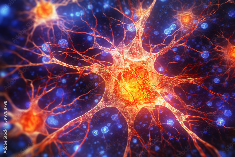 Leinwandbilder A micrograph image of synapses in the brain, showing the tiny gaps between neurons where neurotransmitters are released.  Generative AI technology..
