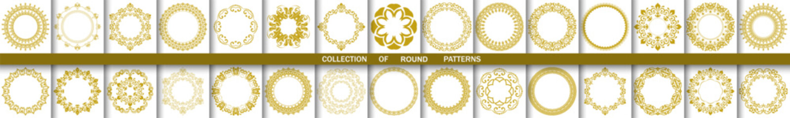 Vintage set of vector round golden elements. Different elements, backgrounds and monograms. Classic patterns. Set of vintage patterns