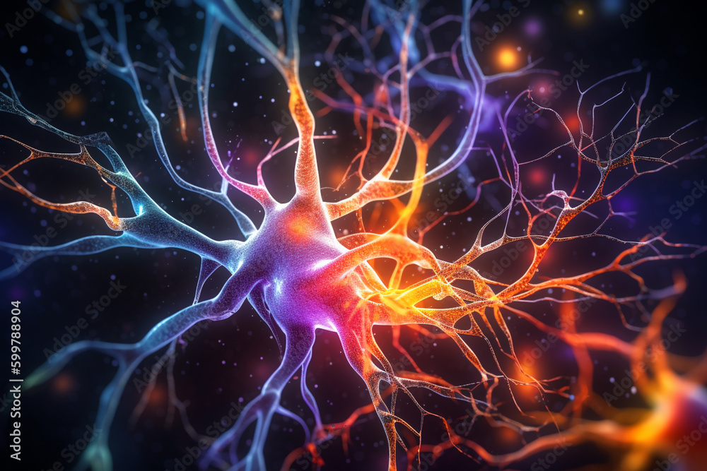 Poster A visualization of the brain's synaptic connections, with glowing, neon-colored synapses and a dark background. Generative AI technology..