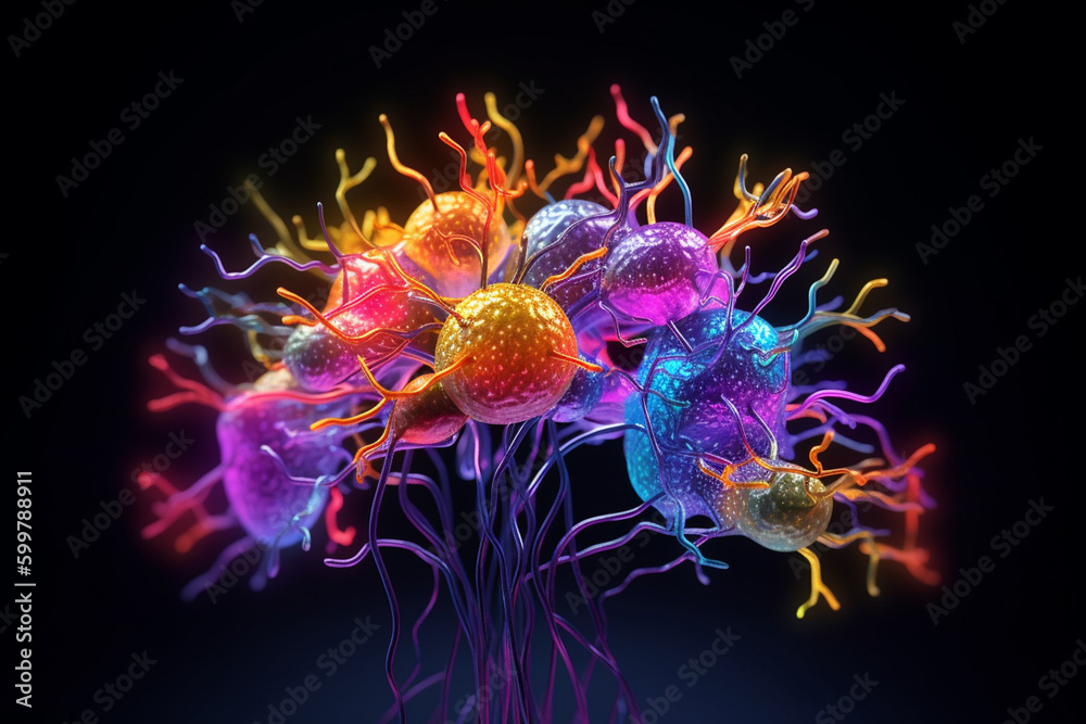Poster A visualization of the brain's synaptic connections, with glowing, neon-colored synapses and a dark background. Generative AI technology..