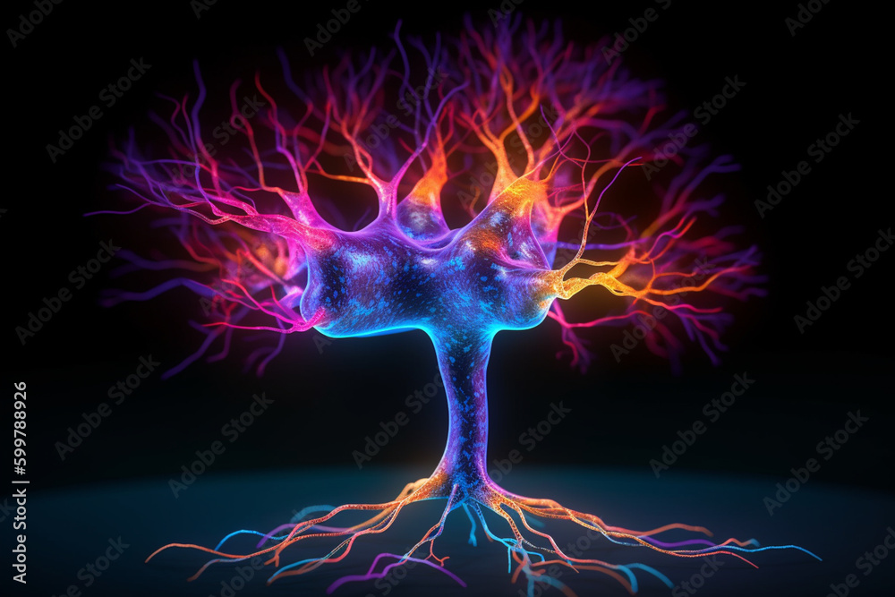 Poster A visualization of the brain's synaptic connections, with glowing, neon-colored synapses and a dark background. Generative AI technology..