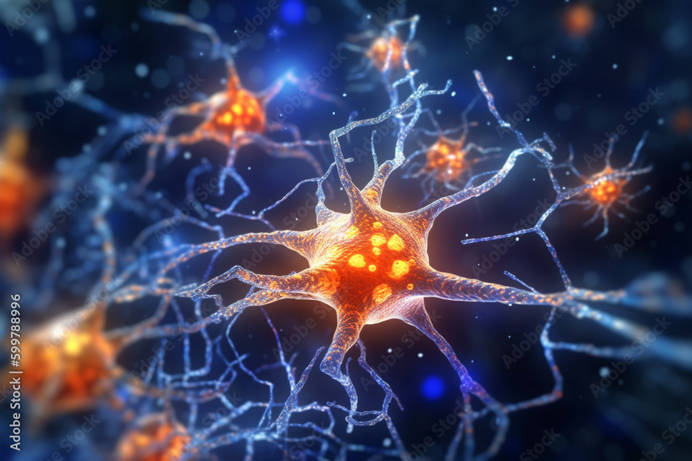 Leinwandbilder A close-up image of a synapse with neurotransmitter molecules floating nearby, illustrating the process of chemical communication in the brain. Generative AI technology..