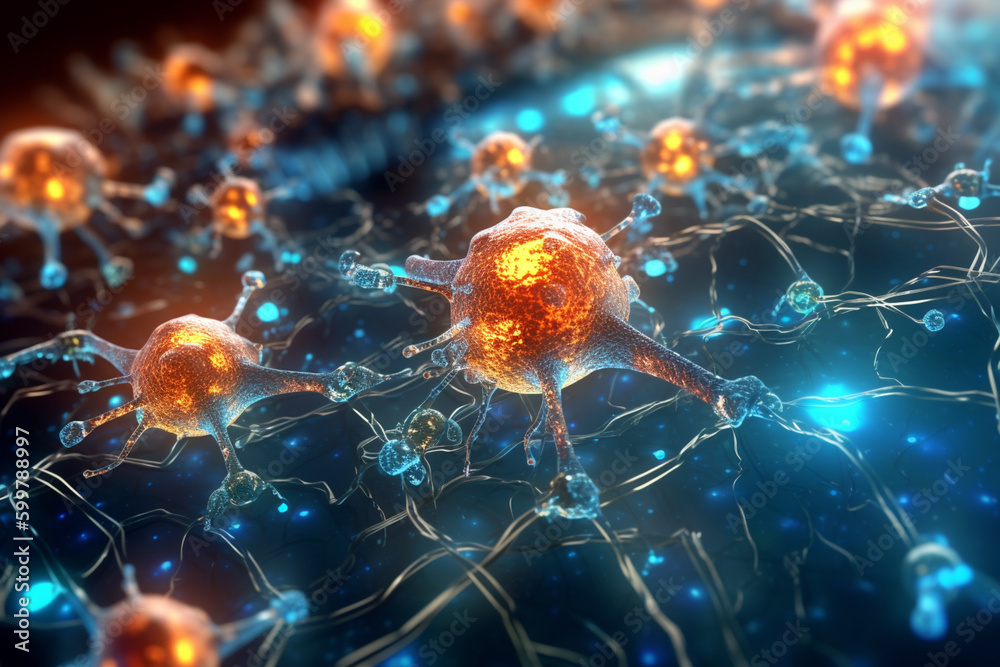Fototapete a close-up image of a synapse with neurotransmitter molecules floating nearby, illustrating the proc