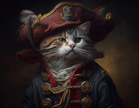 Oil Painting of a Cat Dressed Like a Pirate | Generative AI