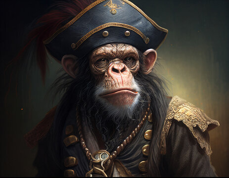 Oil Painting of a Chimpanzee Dressed Like a Pirate | Generative AI