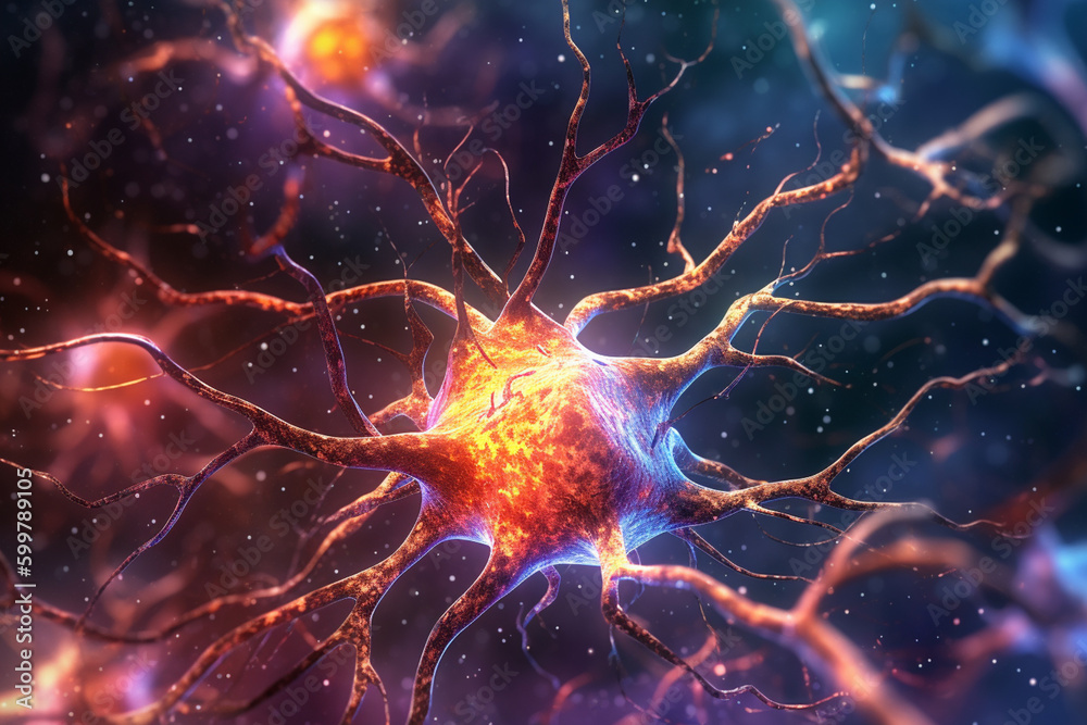 Leinwandbilder A detailed illustration of a neuron with branching dendrites and numerous synapses, emphasizing the importance of these structures in neural communication. Generative AI technology..