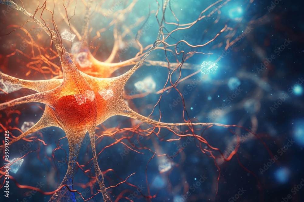 Leinwandbilder A detailed illustration of a neuron with branching dendrites and numerous synapses, emphasizing the importance of these structures in neural communication. Generative AI technology..