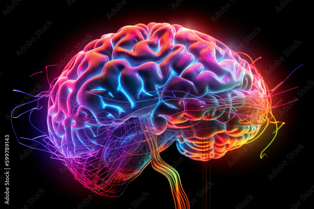 Poster An abstract image of the brain with glowing, neon-colored synapses, conveying the idea of electrical impulses passing through the brain. Generative AI technology..