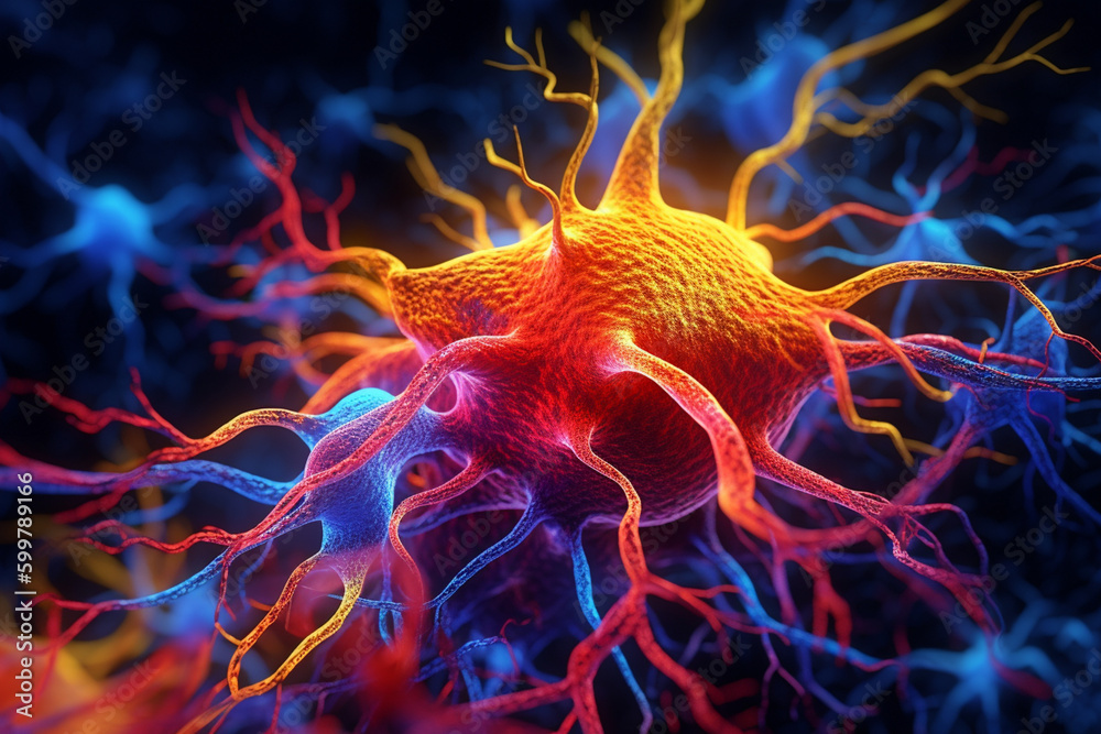 Fototapete A visualization of the brain's neural network, with brightly colored synapses and a dark, shadowy background.  Generative AI technology..