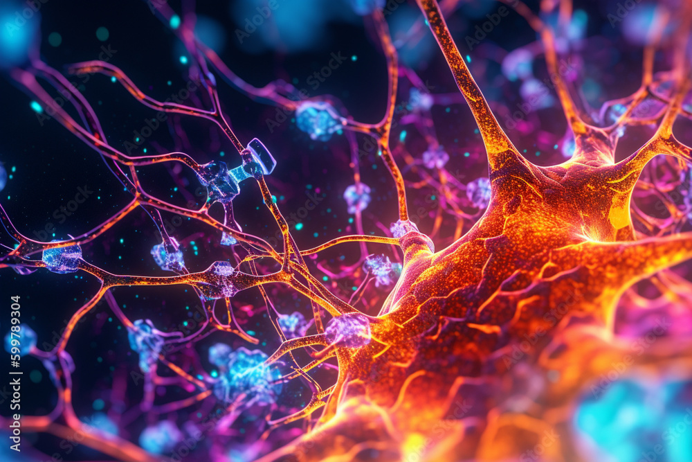 Leinwandbilder A micrograph image of synapses in the brain, with a dark background and bright, vivid colors highlighting the intricate connections.  Generative AI technology..